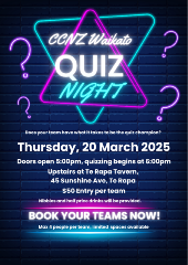 CCNZ Waikato Quiz Night, 5pm Thursday 20 March 2025