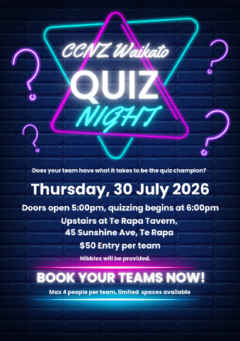CCNZ Waikato Quiz Night, 5pm Thursday 30 July 2026